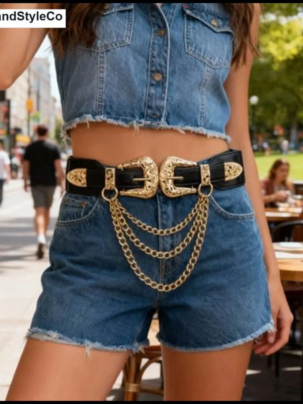 Vintage Western Double Buckle Belt with Elastic Waist, Gold Buckle